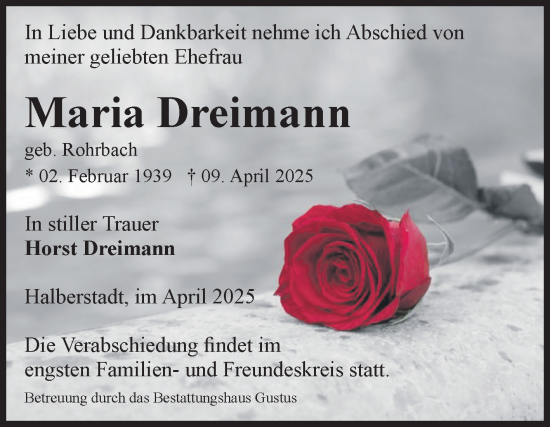 Traueranzeige von Maria Dreimann von Volksstimme Halberstadt