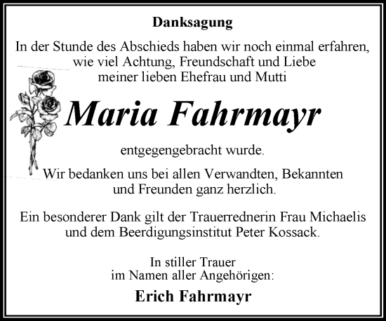 Traueranzeige von Maria Fahrmayr von Trauerkombi Dessau
