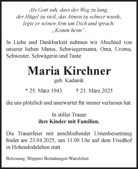Traueranzeige von Maria Kirchner von Volksstimme Oschersleben/Wanzleben