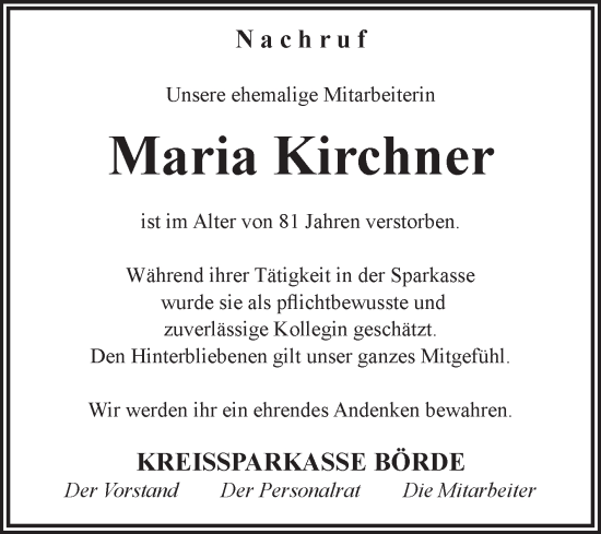 Traueranzeige von Maria Kirchner von Volksstimme Oschersleben/Wanzleben