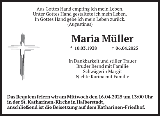 Traueranzeige von Maria Müller von Volksstimme Halberstadt