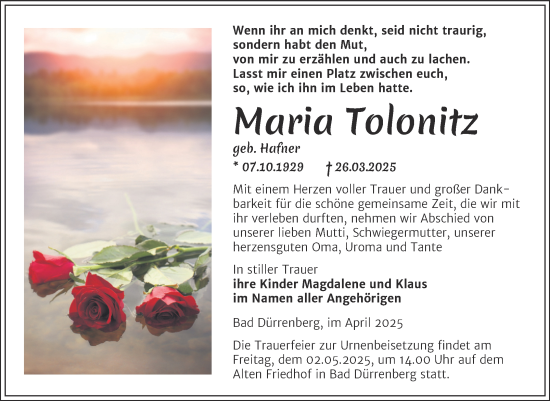 Traueranzeige von Maria Tolonitz von Trauerkombi Merseburg