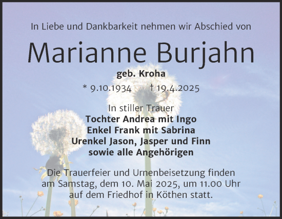 Traueranzeige von Marianne Burjahn von Trauerkombi Köthen