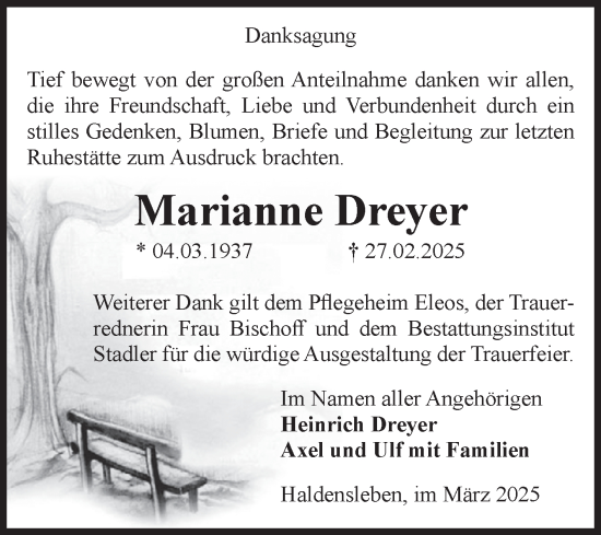 Traueranzeige von Marianne Dreyer von Volksstimme Haldensleben/Wolmirstedt