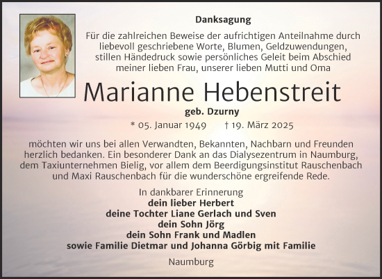Traueranzeige von Marianne Hebenstreit von Naumburger Tageblatt