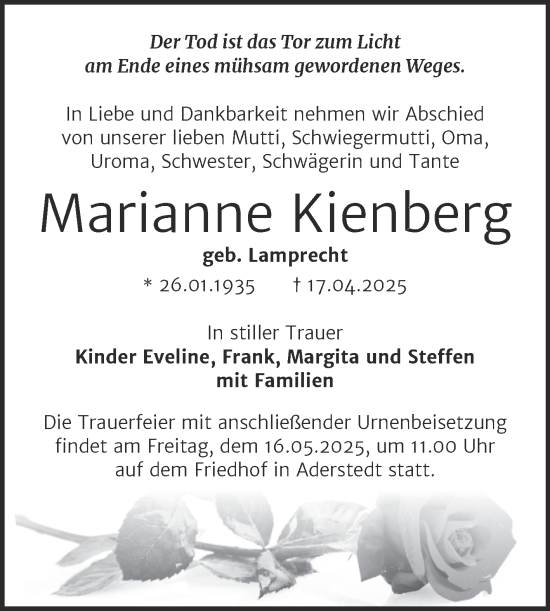 Traueranzeige von Marianne Kienberg von Trauerkombi Bernburg