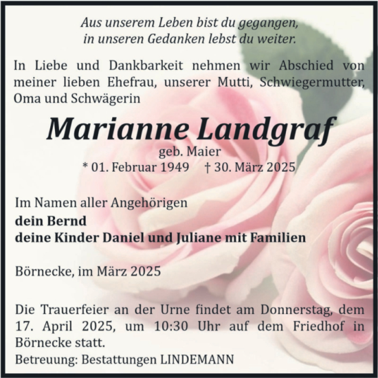 Traueranzeige von Marianne Landgraf von Volksstimme Wernigerode