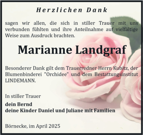 Traueranzeige von Marianne Landgraf von Volksstimme Wernigerode