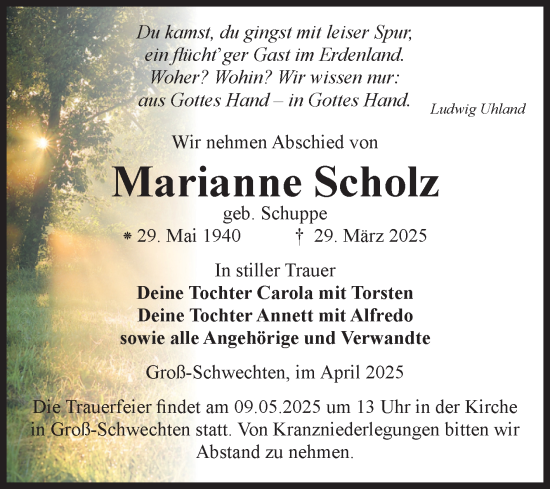 Traueranzeige von Marianne Scholz von Volksstimme Altmark Ost