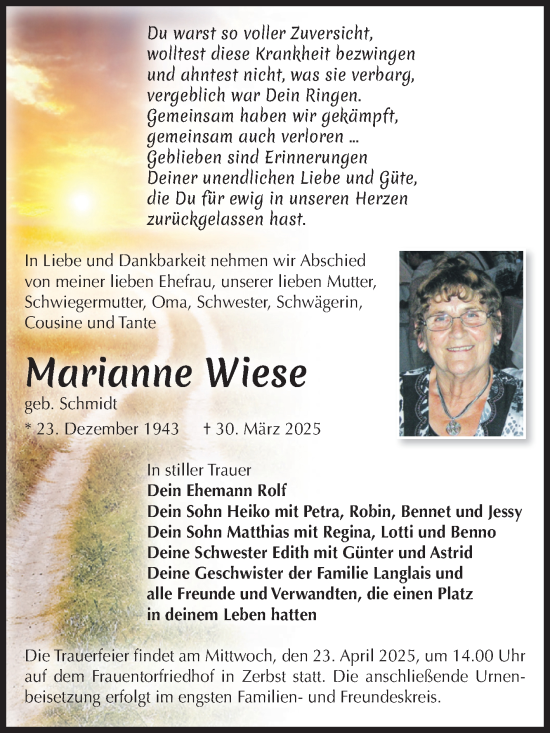 Traueranzeige von Marianne Wiese von Volksstimme Zerbst