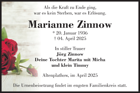 Traueranzeige von Marianne Zinnow von Volksstimme Burg/Genthin