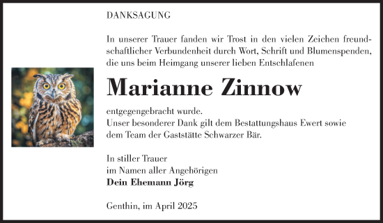 Traueranzeige von Marianne Zinnow von Volksstimme Burg/Genthin