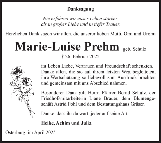 Traueranzeige von Marie-Luise Prehm von Volksstimme Altmark Ost
