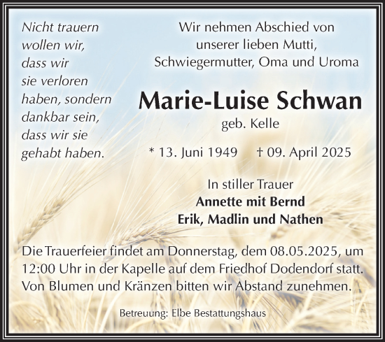 Traueranzeige von Marie-Luise Schwan von Volksstimme Oschersleben/Wanzleben