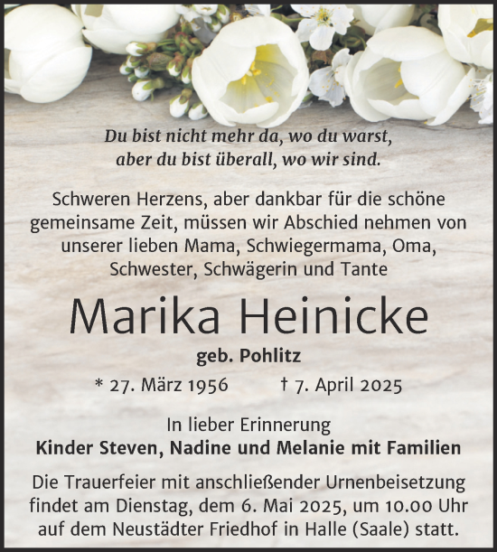 Traueranzeige von Marika Heinicke von Mitteldeutsche Zeitung Halle/Saalkreis