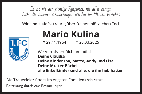 Traueranzeige von Mario Kulina von Volksstimme Altmark West