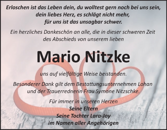 Traueranzeige von Mario Nitzke von Trauerkombi Bitterfeld