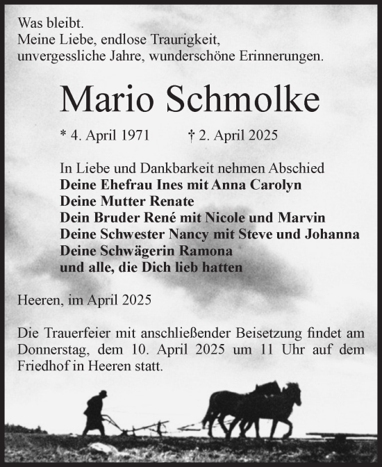Traueranzeige von Mario Schmolke von Volksstimme Altmark Ost