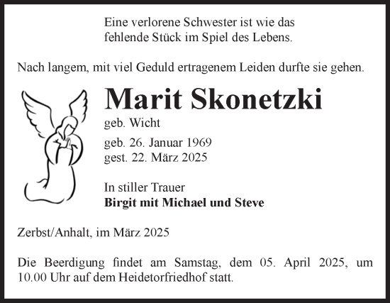 Traueranzeige von Marit Skonetzki von Volksstimme Zerbst