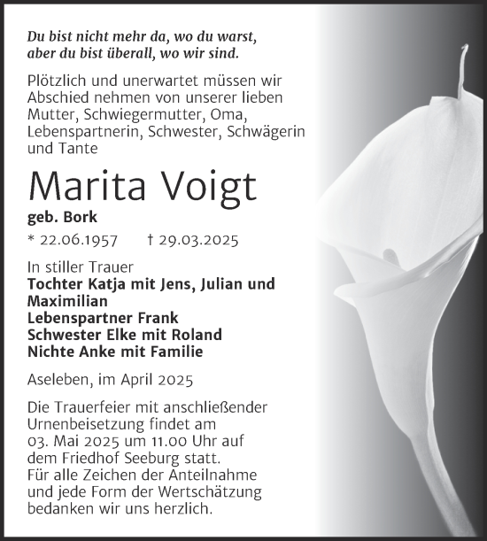 Traueranzeige von Marita Voigt von Trauerkombi Mansfelder Land