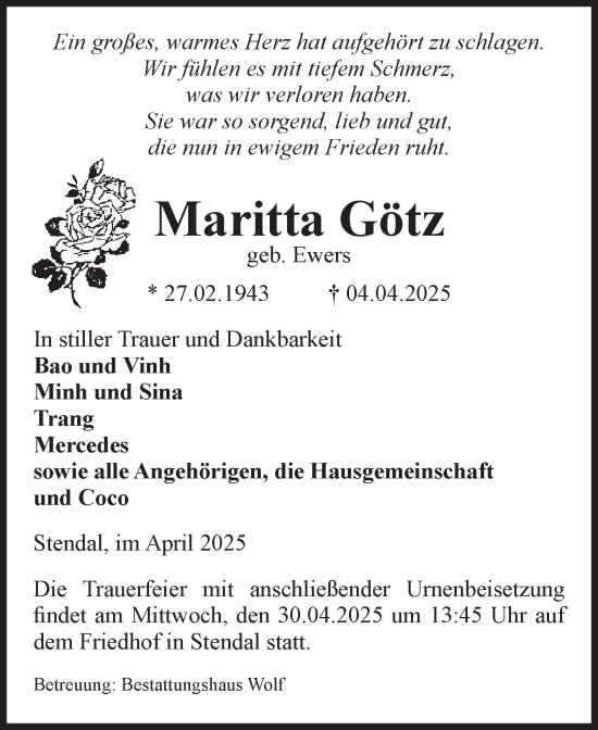 Traueranzeige von Maritta Götz von Volksstimme Altmark Ost