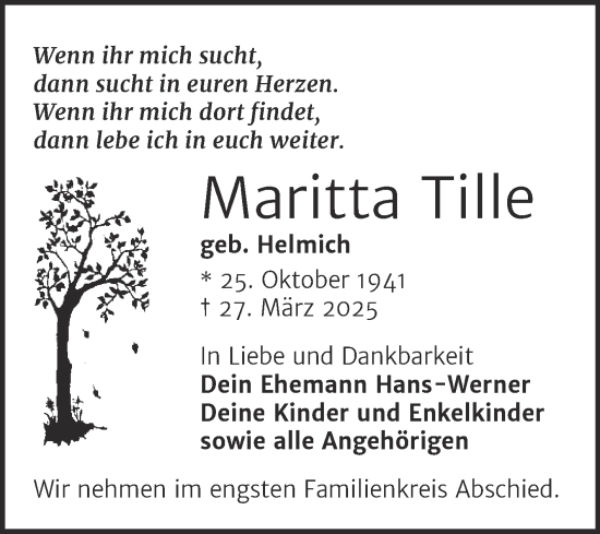 Traueranzeige von Maritta Tille von Trauerkombi Zeitz