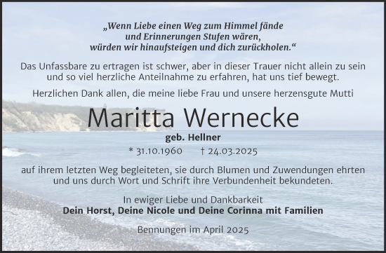 Traueranzeige von Maritta Wernecke von Trauerkombi Sangerhausen