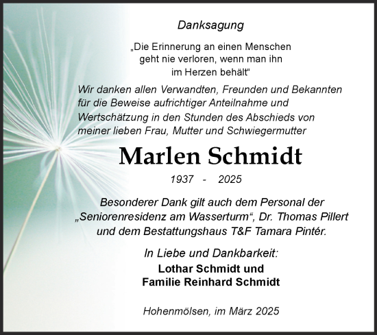 Traueranzeige von Marlen Schmidt von Trauerkombi Weißenfels