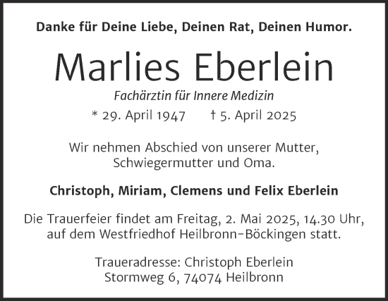 Traueranzeige von Marlies Eberlein von Mitteldeutsche Zeitung Halle/Saalkreis