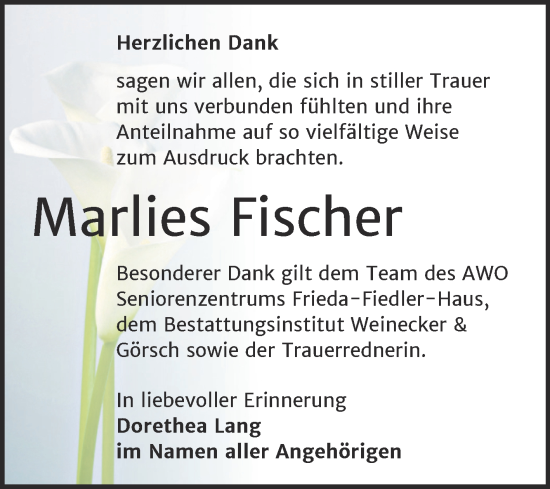Traueranzeige von Marlies Fischer von Trauerkombi Bernburg