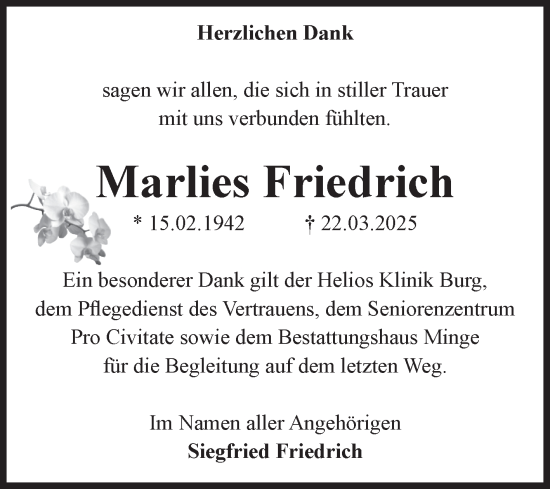 Traueranzeige von Marlies Friedrich von Volksstimme Burg/Genthin