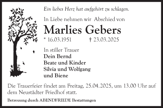 Traueranzeige von Marlies Gebers von Volksstimme Magdeburg