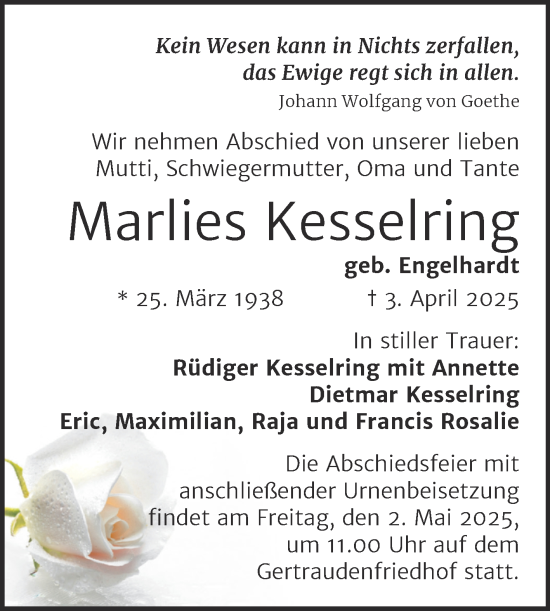Traueranzeige von Marlies Kesselring von Mitteldeutsche Zeitung Halle/Saalkreis