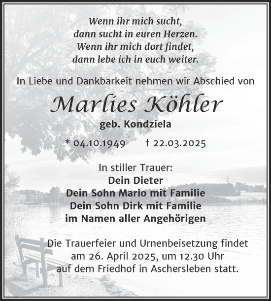 Traueranzeige von Marlies Köhler von Trauerkombi Aschersleben
