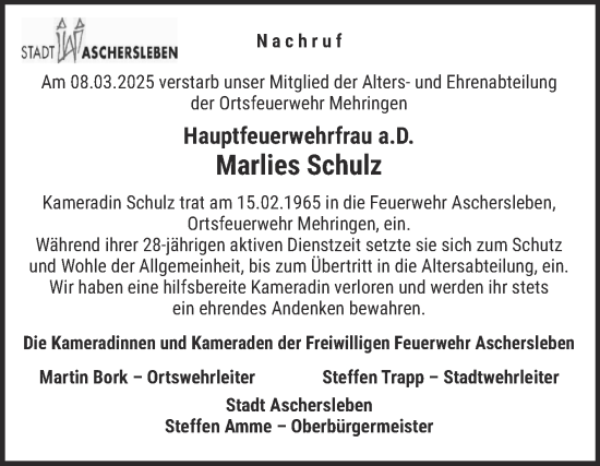 Traueranzeige von Marlies Schulz von Super Sonntag Aschersleben