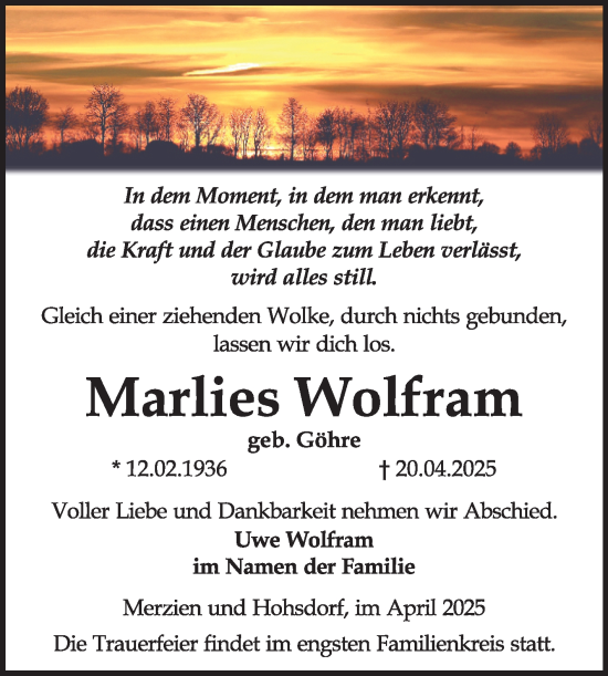 Traueranzeige von Marlies Wolfram von Trauerkombi Köthen
