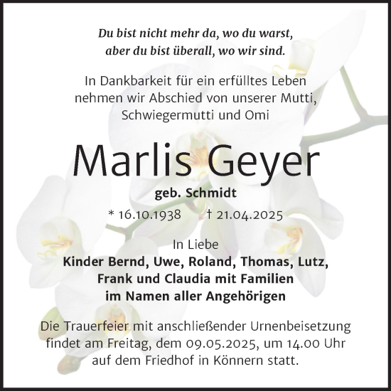 Traueranzeige von Marlis Geyer von Trauerkombi Bernburg