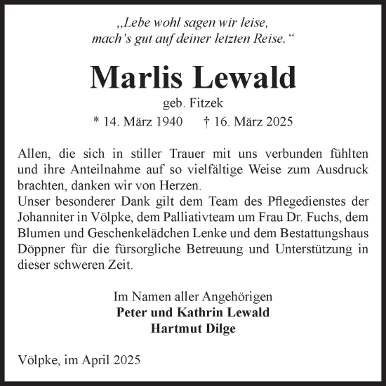 Traueranzeige von Marlis Lewald von Volksstimme Oschersleben/Wanzleben