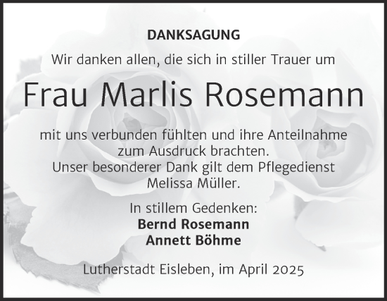 Traueranzeige von Marlis Rosemann von Mitteldeutsche Zeitung Mansfelder Land