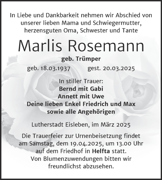 Traueranzeige von Marlis Rosemann von Mitteldeutsche Zeitung Mansfelder Land
