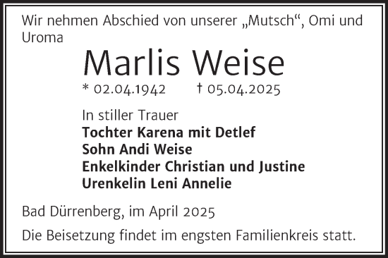 Traueranzeige von Marlis Weise von Trauerkombi Merseburg