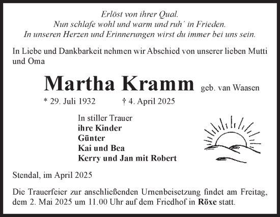 Traueranzeige von Martha Kramm von Volksstimme Altmark Ost