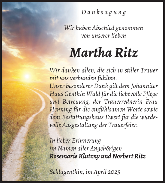 Traueranzeige von Martha Ritz von Volksstimme Burg/Genthin