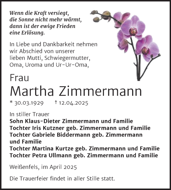 Traueranzeige von Martha Zimmermann von Trauerkombi Weißenfels