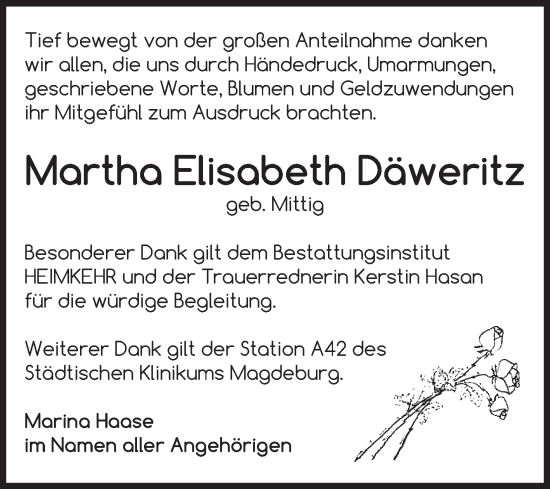 Traueranzeige von Martha Elisabeth Däweritz von Volksstimme Magdeburg