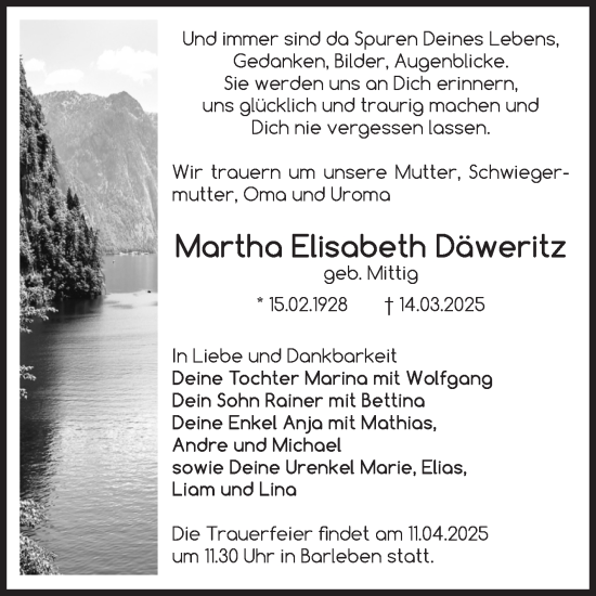 Traueranzeige von Martha Elisabeth Däweritz von Volksstimme Magdeburg