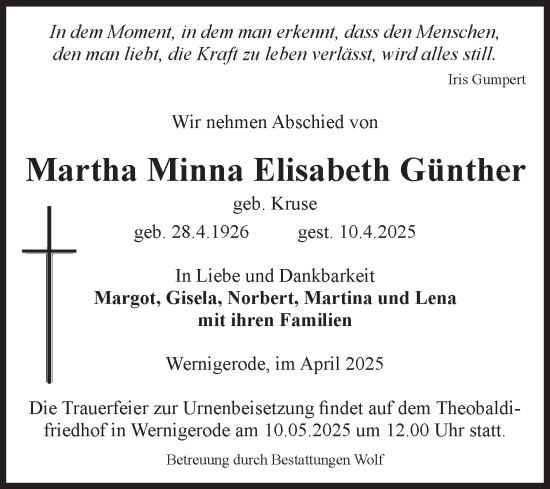 Traueranzeige von Martha Minna Elisabeth Günther von Volksstimme Wernigerode