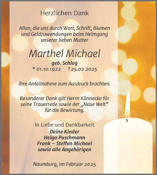 Traueranzeige von Marthel Michael von Super Sonntag Naumburg/Nebra
