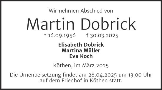 Traueranzeige von Martin Dobrick von Trauerkombi Köthen
