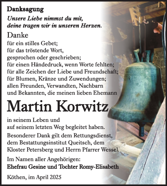 Traueranzeige von Martin Korwitz von Trauerkombi Köthen